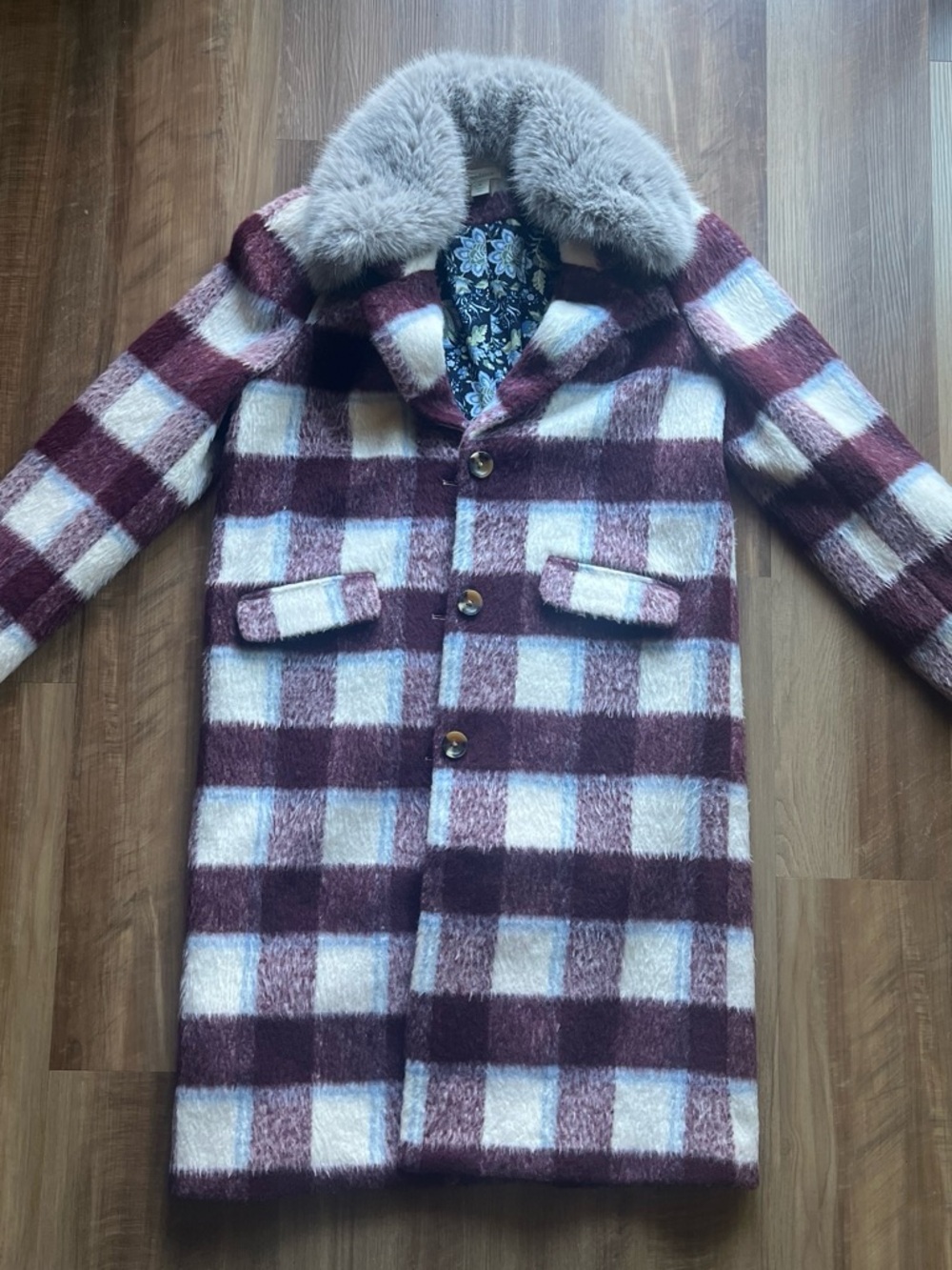 Sundance Women’s Coat in Burgundy & Cream with Removable Faux Fur Collar